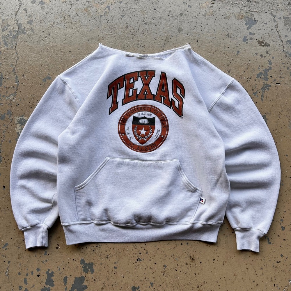 Vintage 90s Russell Athletic University of Texas Sweatshirt Cut Neck White Large